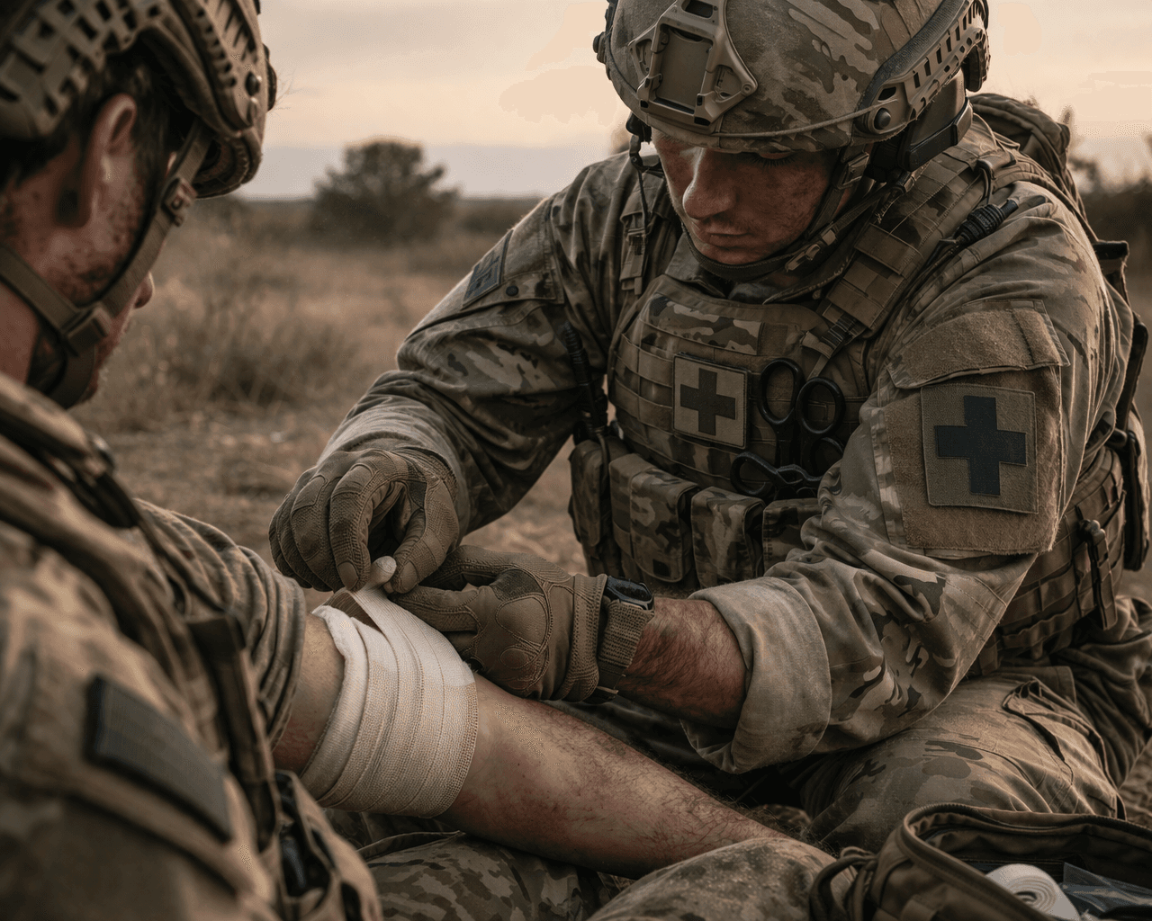 Combat medic stabilizing a soldier in the field