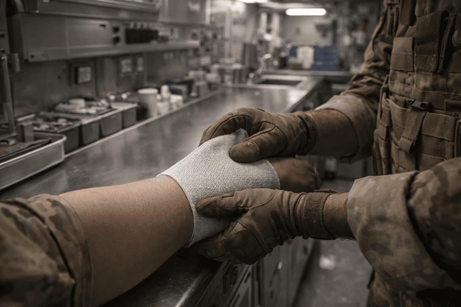 Clinical treatment on a battleship highlighting antibacterial material use