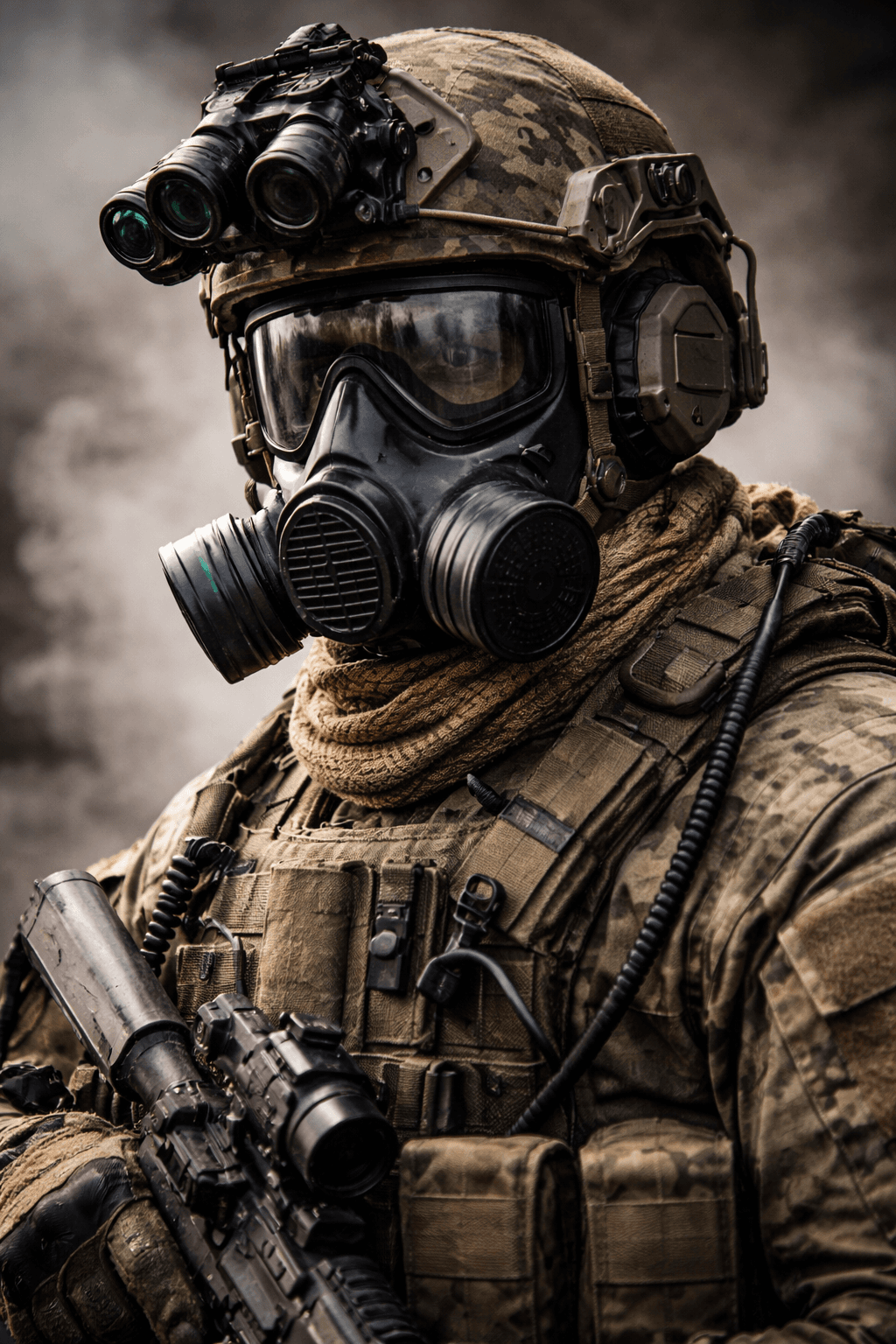 Frontline soldier wearing the gas mask system